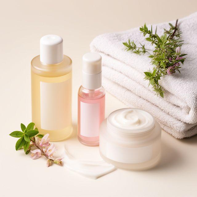 Flache Anordnung von Reinigungsöl, Serum und Creme neben einem Handtuch und botanischen Zutaten auf hellem Untergrund