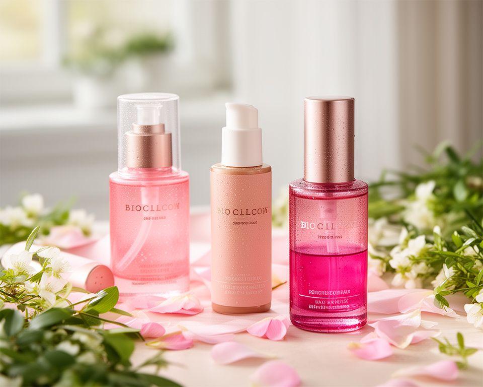Elegante Bio-Hautpflegeprodukte auf einem hellen Zürcher Tisch mit frischen Blüten, Glastropfern und weichen Naturtexturen
