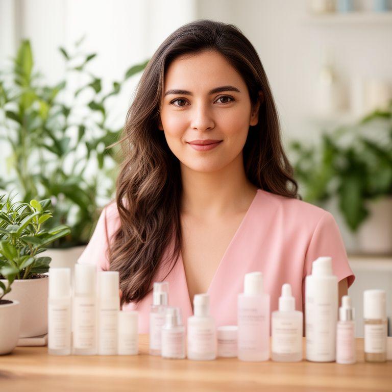 Gründerin von FloraVie Suisse in einem hellen Studio mit Pflanzen und Pflegeproben auf einem Holztisch