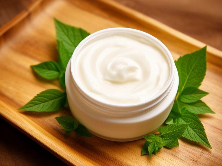 Botanische Körperbutter mit cremiger Textur und grünen Blättern auf Holztablett