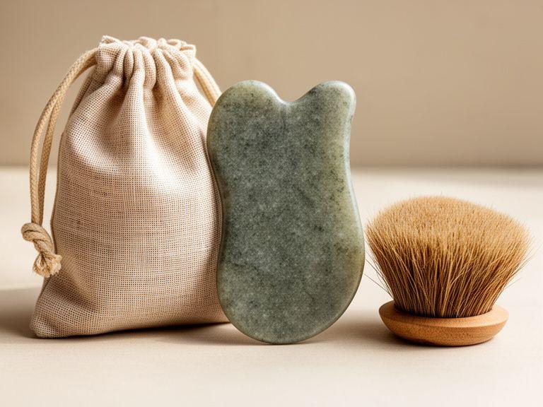 Eco Gua Sha aus natürlichem Stein neben einem Leinenbeutel und einer Bürste