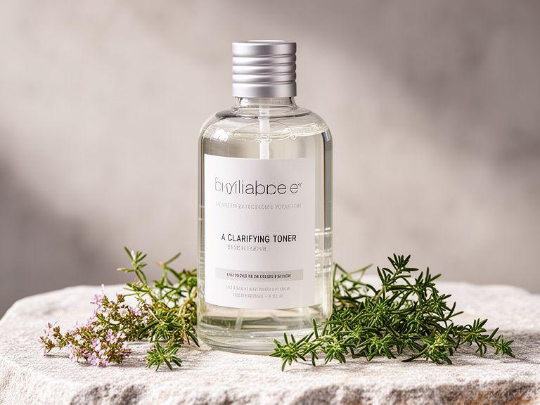Klärender Toner in einer Glasflasche mit zarten Kräutern auf hellem Stein