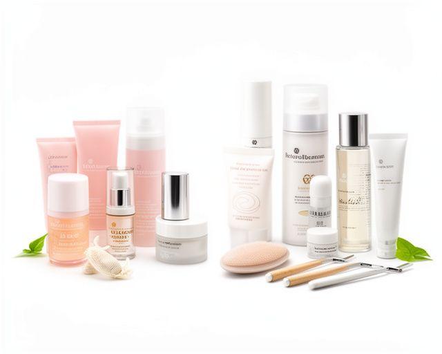 Kuratiertes Bio-Hautpflege-Display mit Seren, Cremes und Accessoires auf hellem Hintergrund