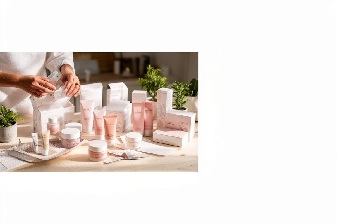 Hand sortierte Naturkosmetik auf einem hellen Holztisch in einem Zürcher Studio mit sanften Verpackungen und Pflanzen