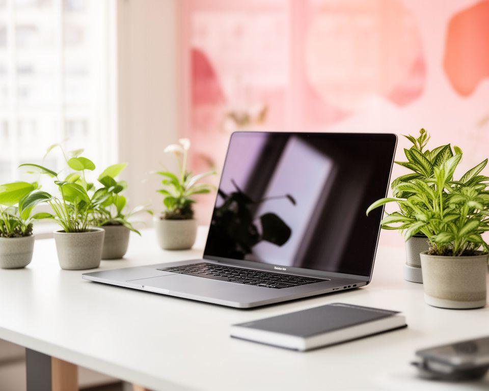 Schreibtisch mit Laptop, Notizbuch und Pflanzen in einem hellen Zürcher Büro für Datenschutz und Beratung