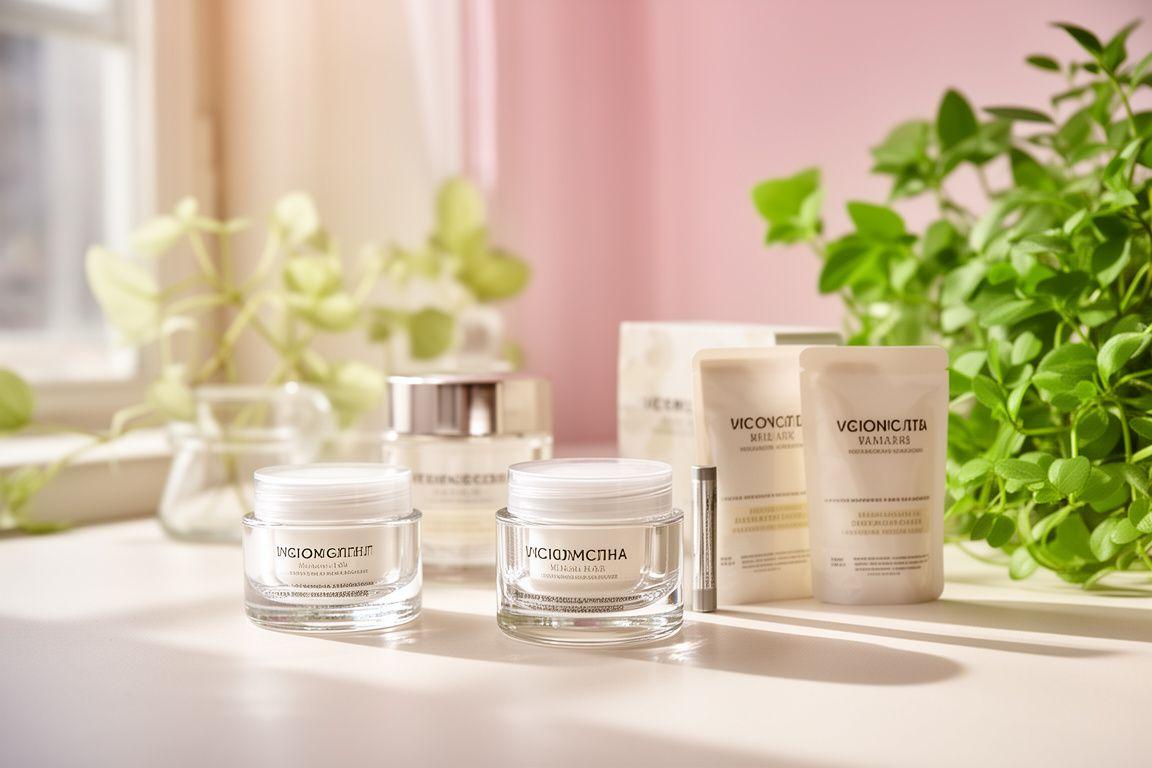 Nachhaltige Hautpflegeprodukte in einem hellen Atelier mit Glasbehältern, Nachfüllpackungen und frischen Pflanzen