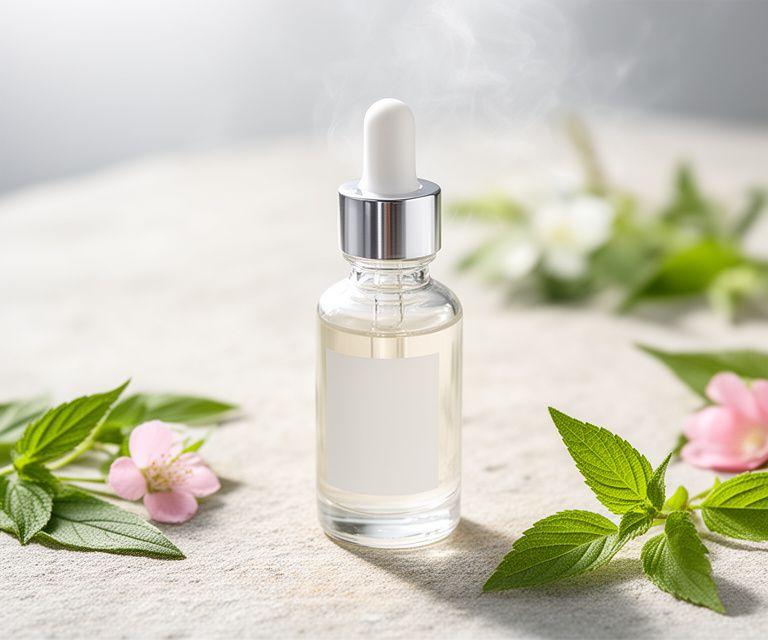 Botanisches Gesichtsserum mit Glasflakon, hellem Stein und frischen Blättern auf einem ruhigen Beauty-Setup