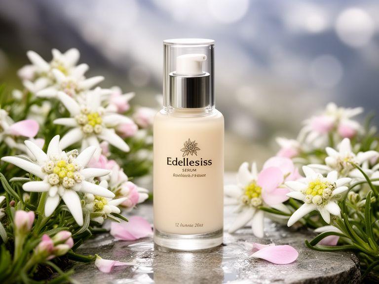 Edelweiss-Serum in einer hellen Glasflasche neben frischen Alpenblüten